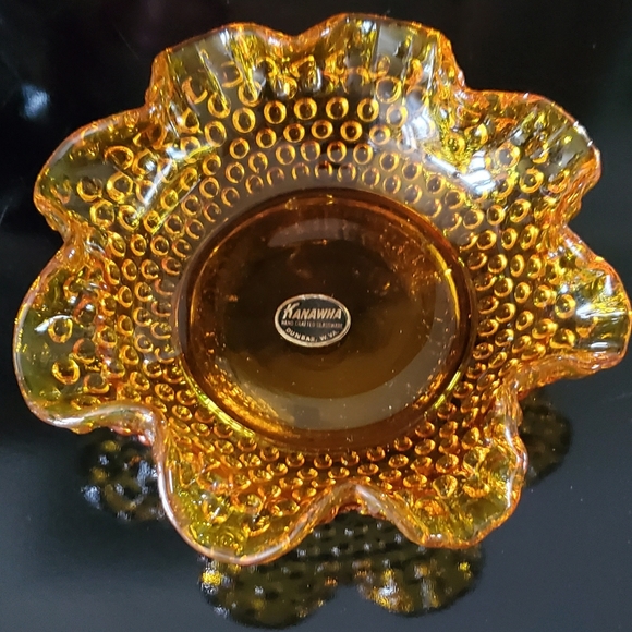 Vntg Handcrafted Kanawha Hobnail Amber Ruffled Bowl EUC - Picture 9 of 10